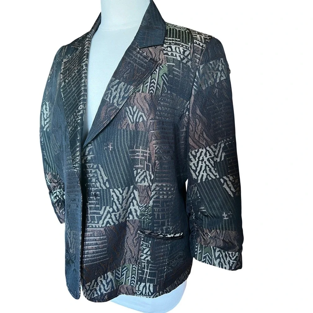 Vintage 90s Whimsigoth Metallic Jacquard Patchwork Chicos Blazer Ruched Sleeve 2